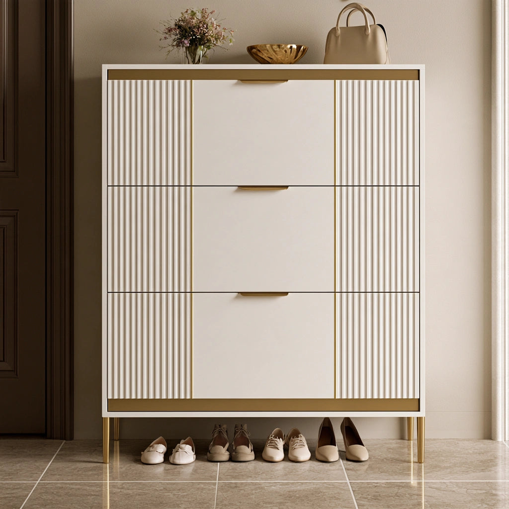 Meuble à chaussures aux lignes épurées, coloris doré et blanc