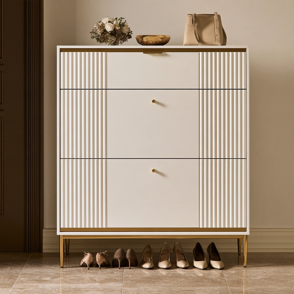 Meuble à chaussures aux lignes épurées, coloris doré et blanc