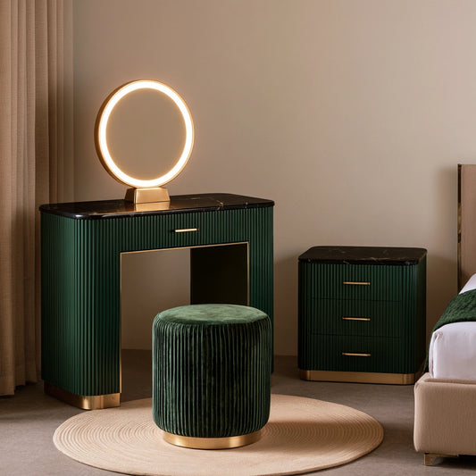 Coiffeuse avec siège aux lignes épurées, coloris vert et doré