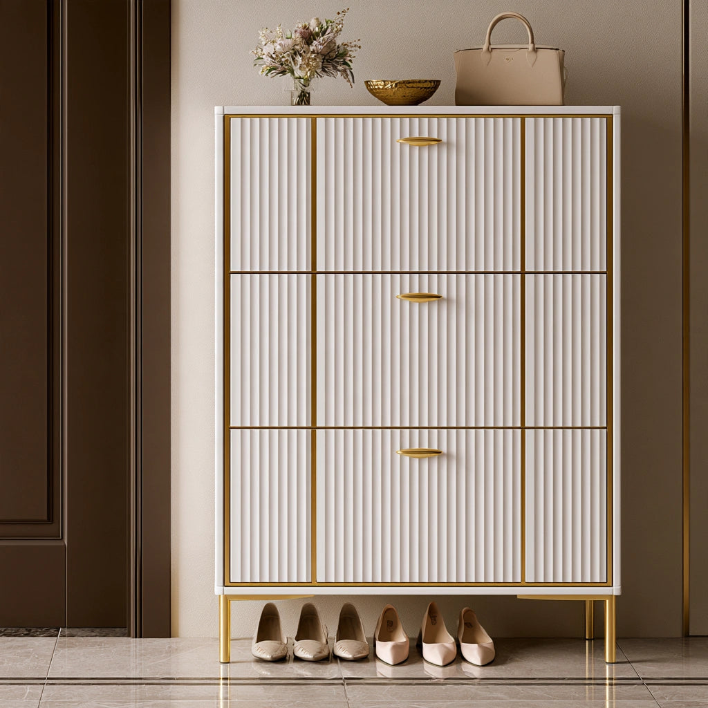 Meuble à chaussures aux lignes épurées, coloris doré et blanc