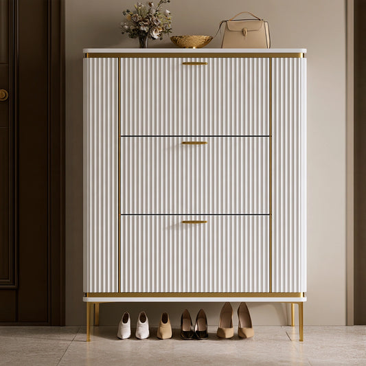 Meuble à chaussures aux lignes épurées, coloris doré et blanc