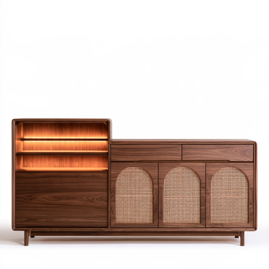Buffet de rangement en bois finition noyer, coloris brun noyer